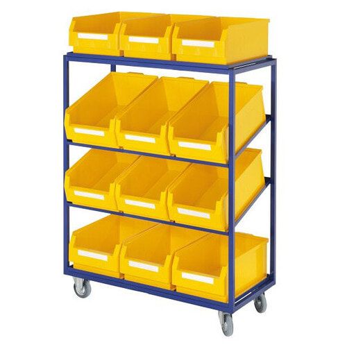 Kommissionierwagen für Sichtlagerkästen, Traglast 230 kg, Ladefläche 480 x 960 mm, 4 Etagen, inkl. 2 schräge Fachböden, Farbe enzianblau