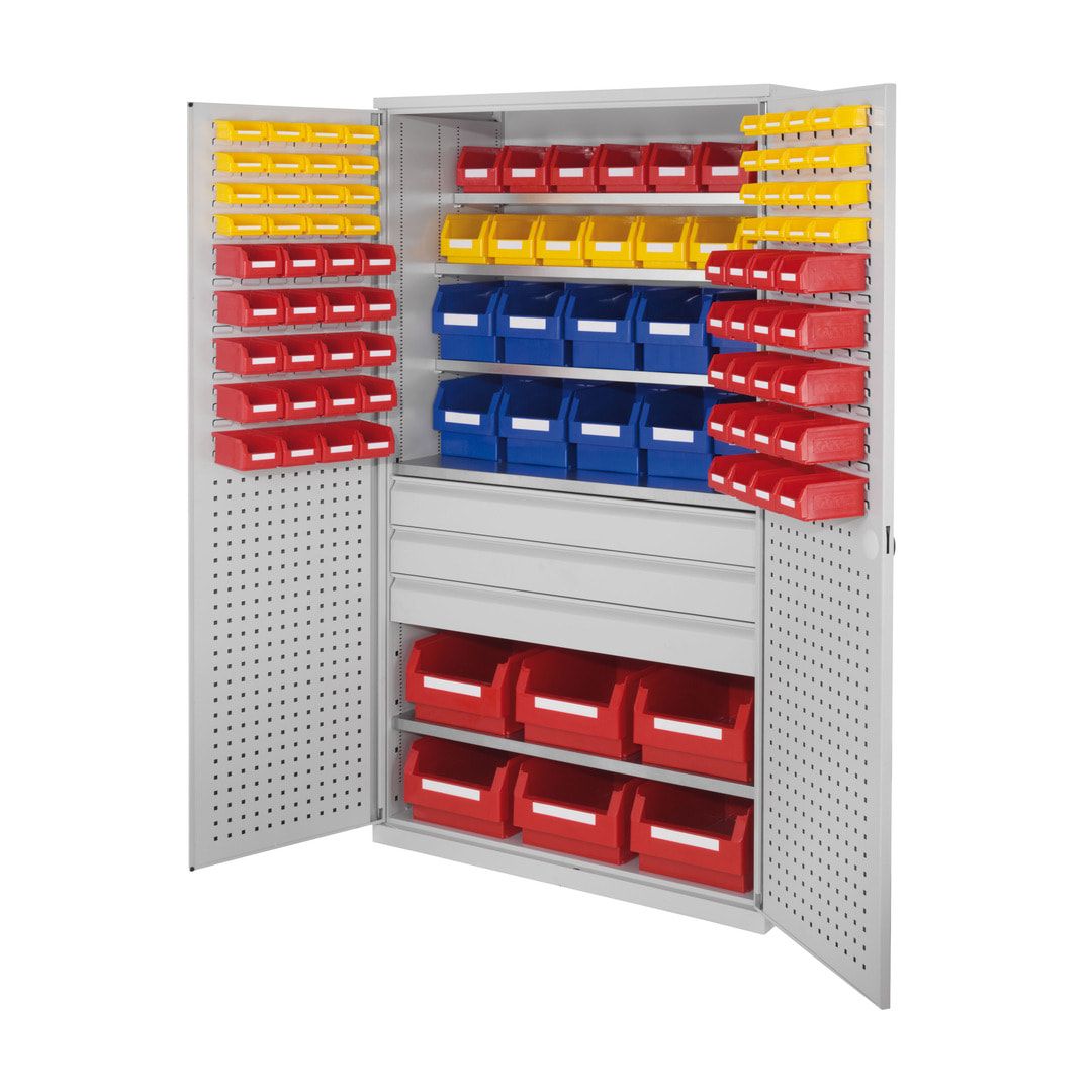 Magazinschrank - 102 Sichtlagerkästen - Loch-/Schlitzplatten Türen - 3 Schubladen - 5 Böden - 1.950 x 1.130 x 590 mm (HxBxT) - lichtgrau