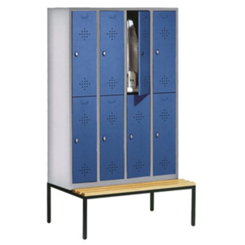 Garderobenschrank, Spind, 4 Abteile 8 Fächer, 2.090 x 1.190 x 815 mm (HxBxT), Hartholz Sitzbank untergebaut, Korpus anthrazitgrau, Türen anthrazitgrau