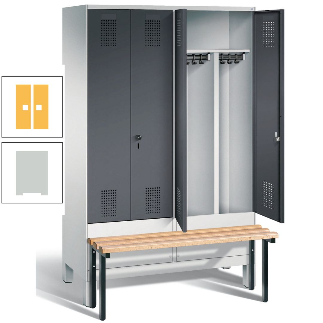 Doppel-Spind, Garderobenschrank, Buche Sitzbank vorgebaut, 4 Abteile a 300 mm, Korpus feuerrot, Tür Wasserblau, 1.850 x 1.200 x 815 mm (HxBxT)