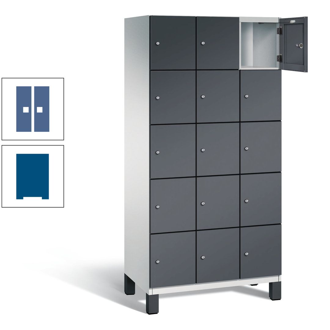 Fächerschrank, Stahlschrank, 15 Fächer, Türöffnungsbegrenzer, Füße, 1.980 x 900 x 525 mm (HxBxT), Korpus anthrazitgrau, Front anthrazitgrau