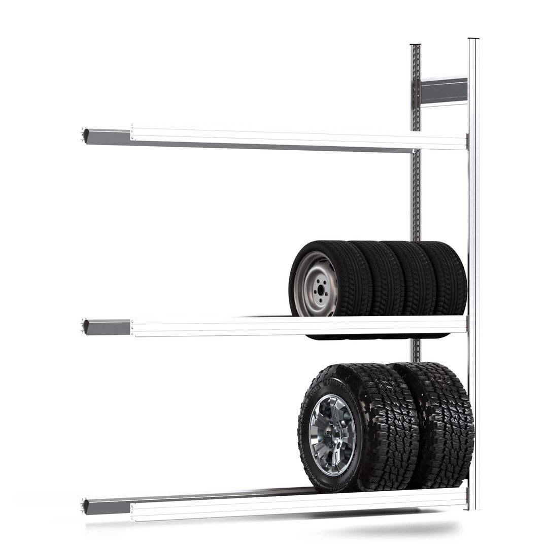 Reifenregal mit Tiefenriegel - 250 kg - 2.000 x 1.695 x 400 mm (HxBxT) - 3 Ebenen - Anbauregal - Steckregal BERT