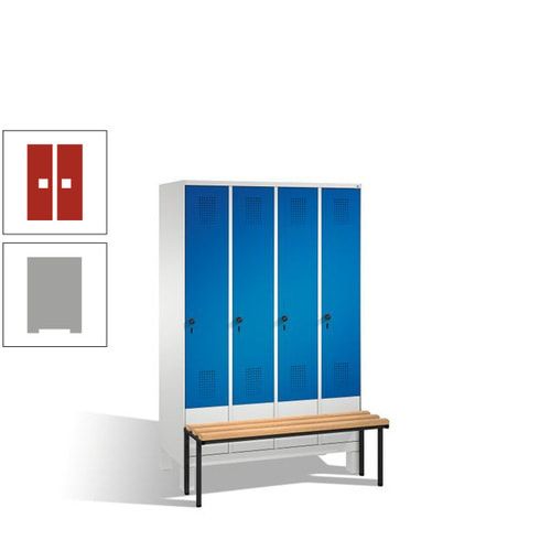 Stahl-Garderobenschrank, Spind, Buche Sitzbank vorgebaut, 4 Abteile a 300 mm, Korpus Lichtgrün, Tür Schwefelgelb, 1.850 x 1.200 x 815 mm (HxBxT)