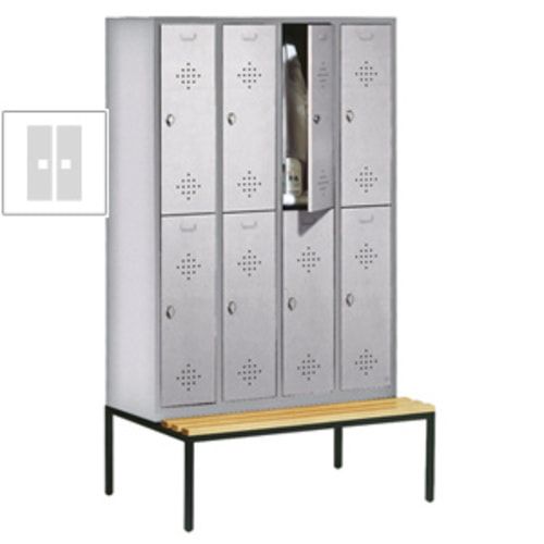 Garderobenschrank, Spind, 4 Abteile 8 Fächer, 2.090 x 1.190 x 815 mm (HxBxT), Hartholz Sitzbank untergebaut, Korpus lichtgrau, Türen anthrazitgrau