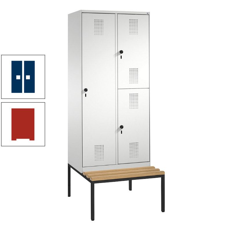 Garderobenschrank, Spind ein- und doppelstöckig Sitzbank, 2 Abteile, 3 Fächer, 2.090 x 800 x 500 mm (HxBxT), Front anthrazitgrau, Korpus anthrazitgrau