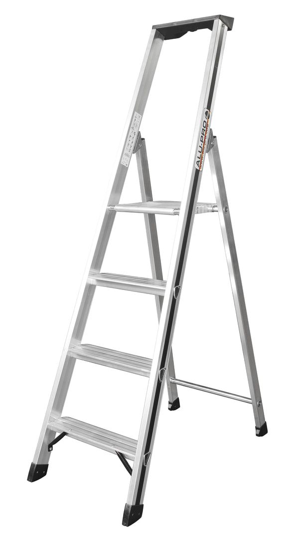 Aluminium Stufenstehleiter, Plattform, Rutschhemmung R11, Kunststoffablage, Eimerhaken, 1.390 x 415 mm (LxB), 3 Stufen, 4 kg, Stufentiefe 80 mm, Hymer