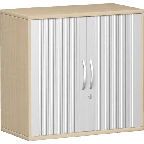 Querrollladenschrank, Dekoreinlageboden, Metallsockel/Standfüße, abschließbar, 768 x 1.000 x 425 mm (HxBxT), Korpusfarbe Ahorn, Frontfarbe silber