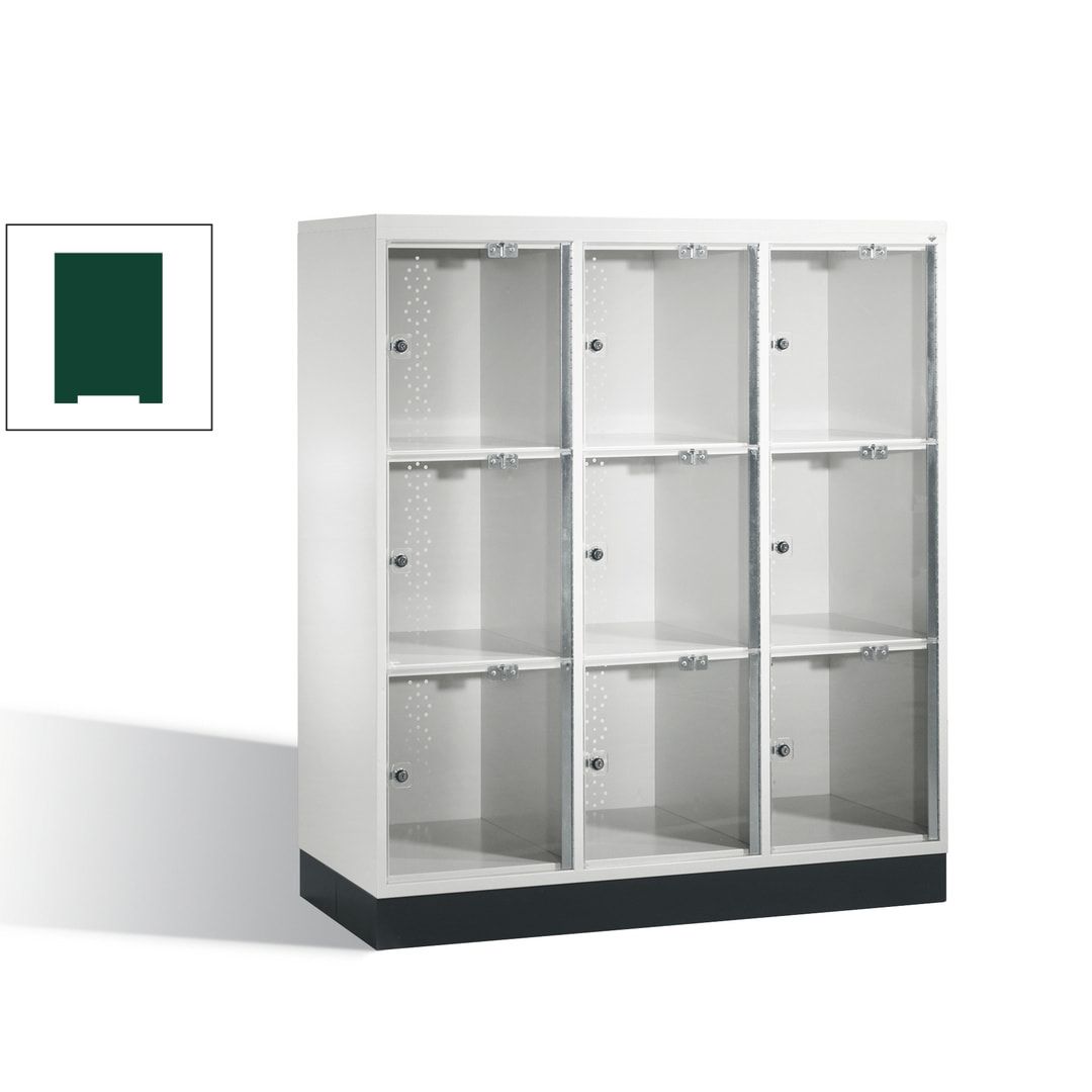 Schließfachschrank, Fächerschrank mit Türen aus Acrylglas, 3 Abteile, 9 Fächer, Zylinderschloss, 1.370 x 1.220 x 500 mm (HxBxT), Korpus anthrazitgrau