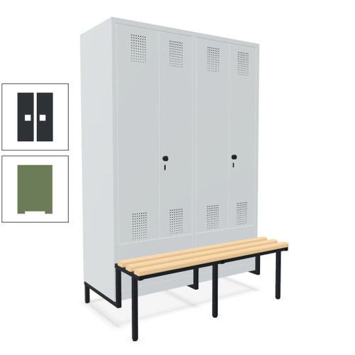 Doppel-Spind, Garderobenschrank, Buche Sitzbank integriert, 4 Abteile 300 mm, Korpus anthrazitgrau, Tür anthrazitgrau, 1.850 x 1.200 x 815 mm (HxBxT)