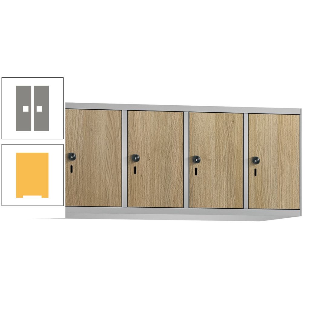 Aufsatzschrank, Schrankaufsatz, 4 Fächer a 300 mm, Farbe Pastellgelb, Tür anthrazitgrau, 500 x 1.200 x 500 mm (HxBxT)