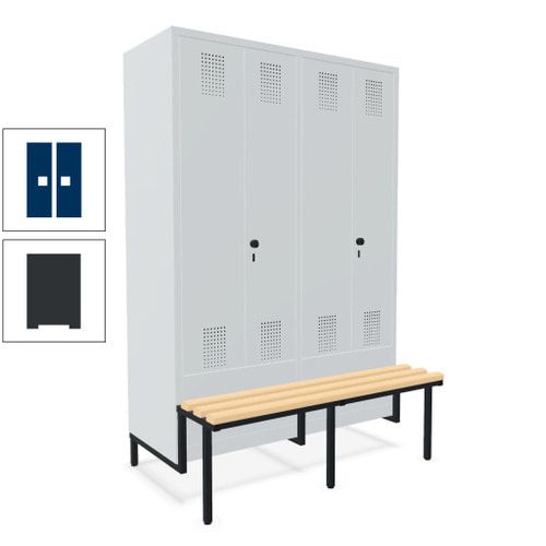 Doppel-Spind, Garderobenschrank, Buche Sitzbank integriert, 4 Abteile 300 mm, Korpus anthrazitgrau, Tür anthrazitgrau, 1.850 x 1.200 x 815 mm (HxBxT)