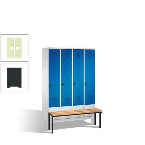 Stahl-Garderobenschrank, Spind, Buche Sitzbank vorgebaut, 4 Abteile a 300 mm, Korpus Lichtgrün, Tür Schwefelgelb, 1.850 x 1.200 x 815 mm (HxBxT)