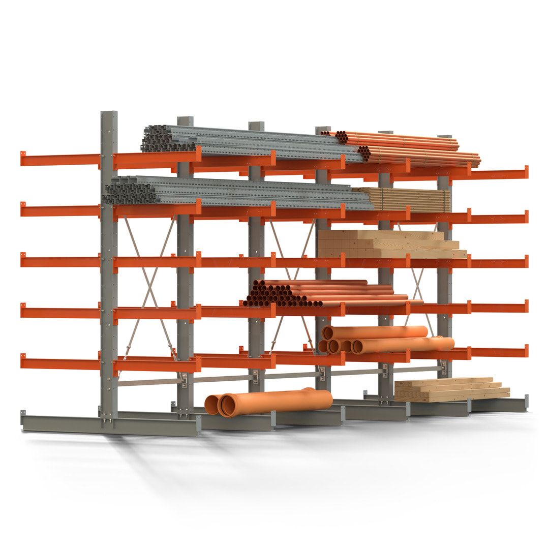 Doppelseitiges Kragarmregal, 2 Felder, 2.500 x 2.000 x 1.120 mm (HxBxT), Nutztiefe 500 mm, Kragarmlast 870 kg, KARL basic, silbergrau/reinorange