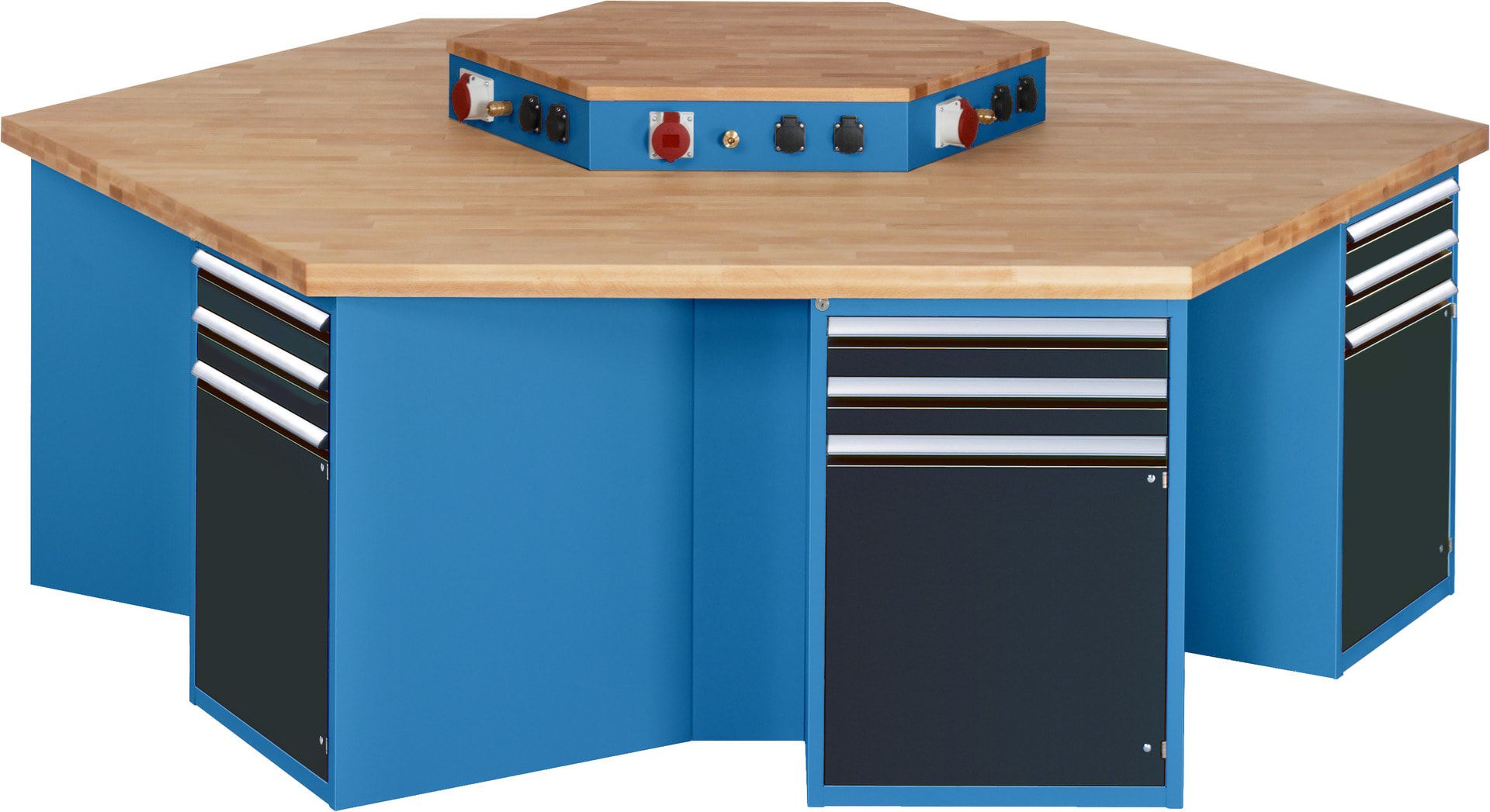 Gruppenwerkbank, Buche, Höhe 840 mm, mit Energieaufsatz, Unterbau-Container, 2 Schubladen, 1 Tür, 1 Boden - Anthrazitgrau