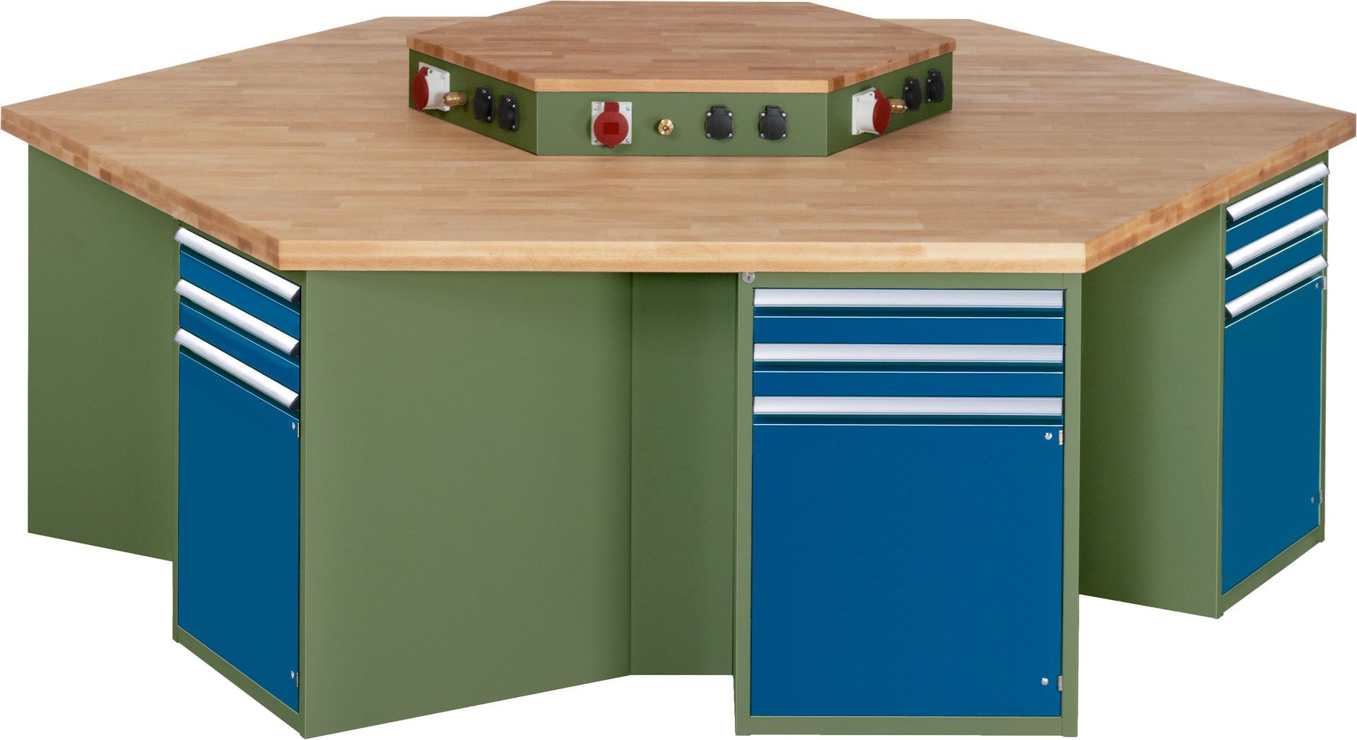 Gruppenwerkbank, Buche, Höhe 840 mm, mit Energieaufsatz, Unterbau-Container, 2 Schubladen, 1 Tür, 1 Boden - Anthrazitgrau