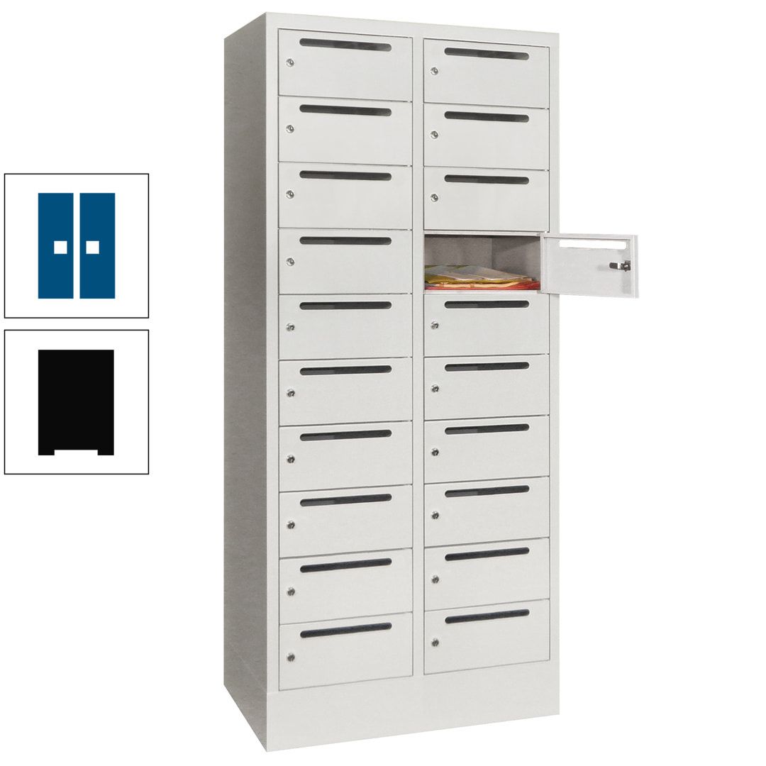 Postverteilerschrank, Schließfachschrank, 2 Abteile a 400 mm, 20 Fächer, 1.850 x 800 x 500 mm (HxBxT), Korpus anthrazitgrau, Front anthrazitgrau