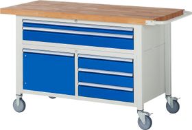 Mobile Werkbank, Schrank - 5 Schubladen - Teilauszug - 60:1/120:4 - Höhe 920-1.120 mm - 1.500 x 700 mm - 450 kg - Farbe wählbar