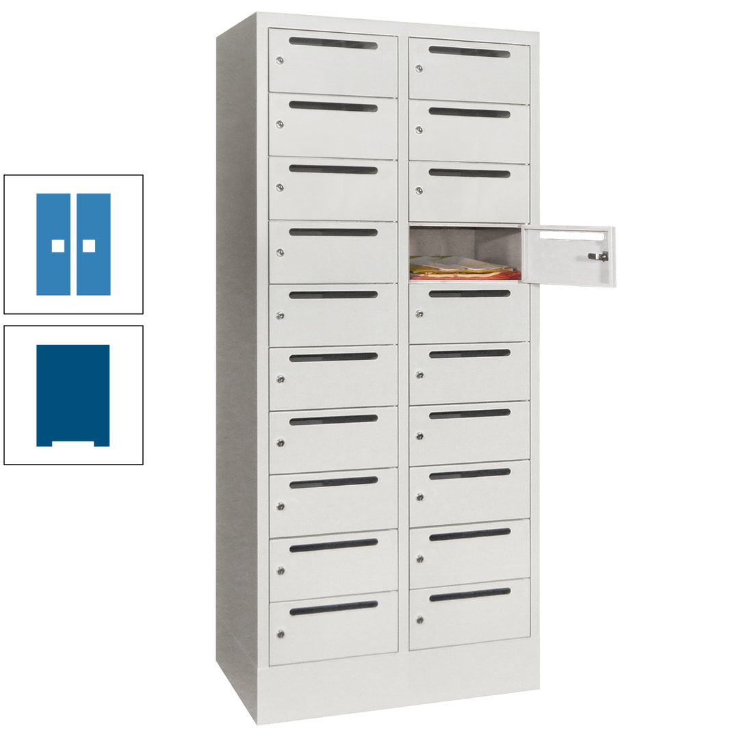 Postverteilerschrank, Schließfachschrank, 2 Abteile a 400 mm, 20 Fächer, 1.850 x 800 x 500 mm (HxBxT), Korpus anthrazitgrau, Front anthrazitgrau
