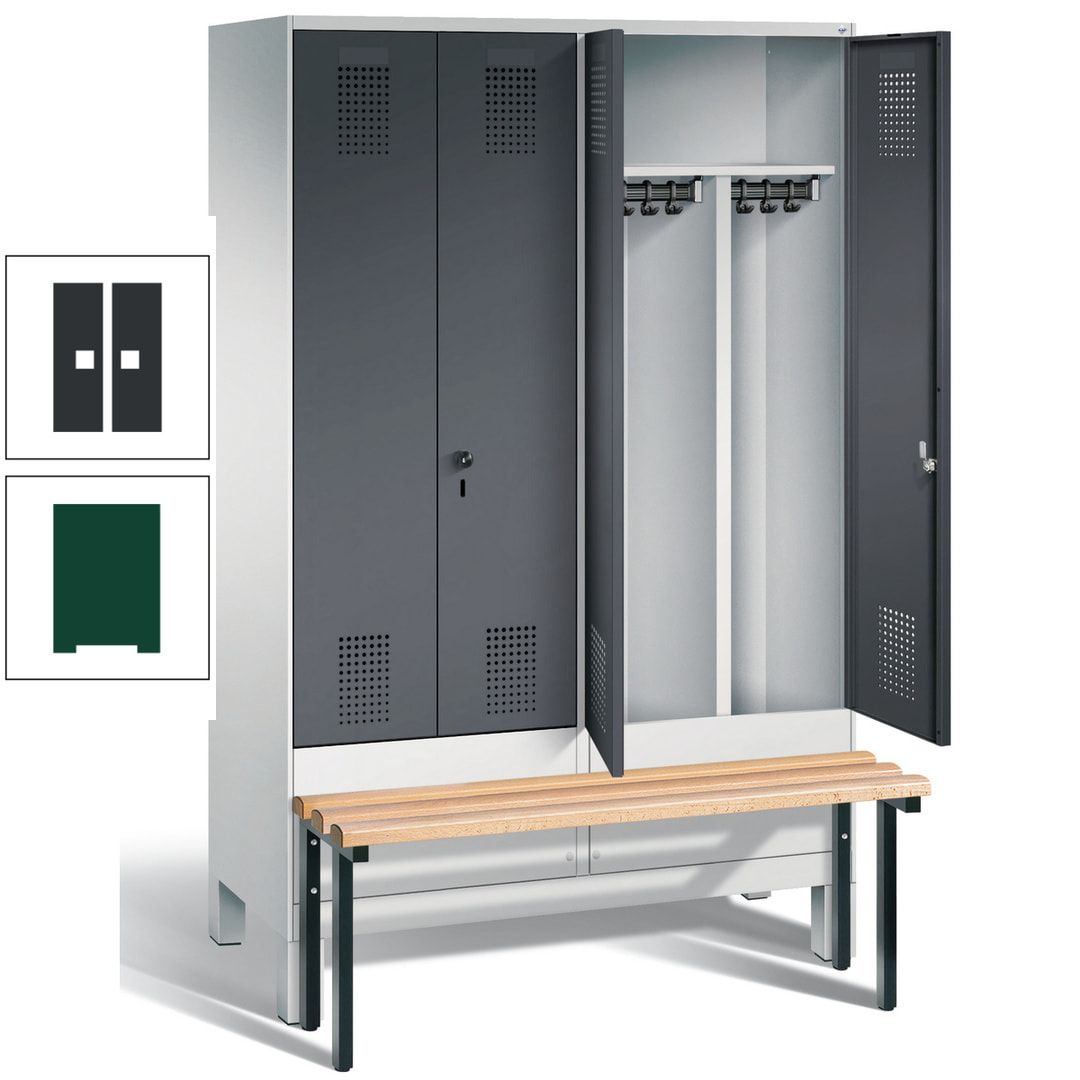 Doppel-Spind, Garderobenschrank, Buche Sitzbank vorgebaut, 4 Abteile a 300 mm, Korpus feuerrot, Tür Wasserblau, 1.850 x 1.200 x 815 mm (HxBxT)