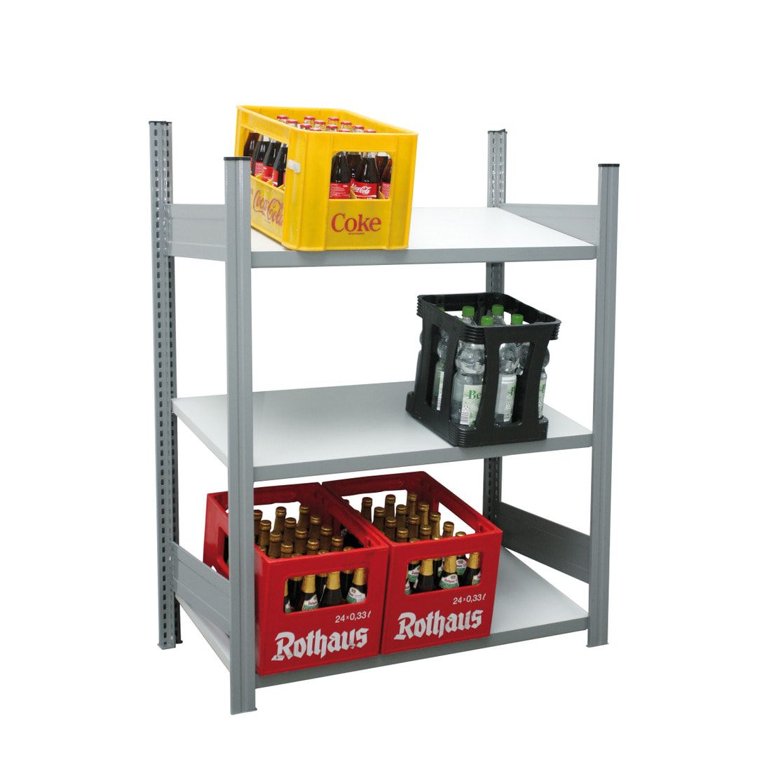 Getränkekistenregal - 150 kg - 1.330 x 976 x 500 mm (HxBxT) - Anbauregal - 3 Schrägböden Span - BERT