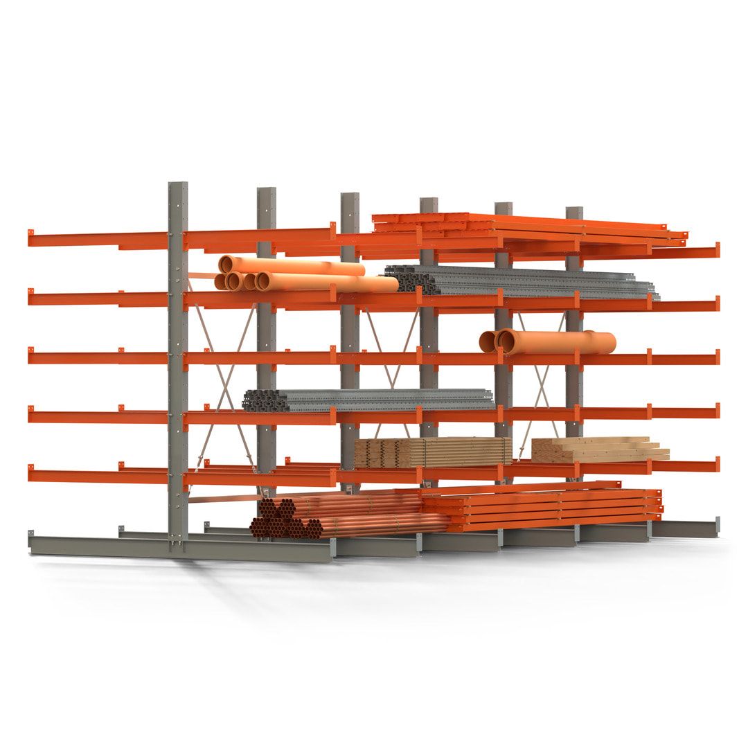 Doppelseitiges Kragarmregal, 2 Felder, 2.500 x 2.000 x 1.120 mm (HxBxT), Nutztiefe 500 mm, Kragarmlast 870 kg, KARL basic, silbergrau/reinorange