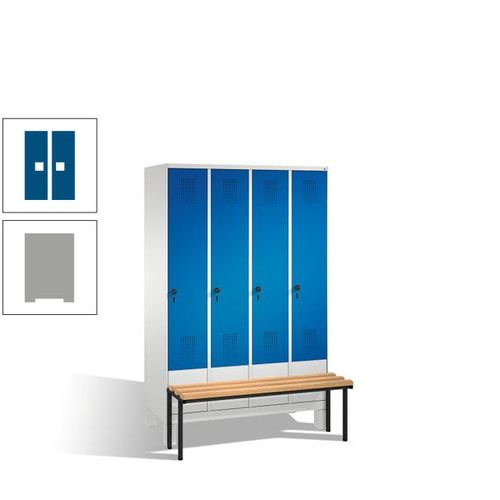 Stahl-Garderobenschrank, Spind, Buche Sitzbank vorgebaut, 4 Abteile a 300 mm, Korpus Lichtgrün, Tür Schwefelgelb, 1.850 x 1.200 x 815 mm (HxBxT)