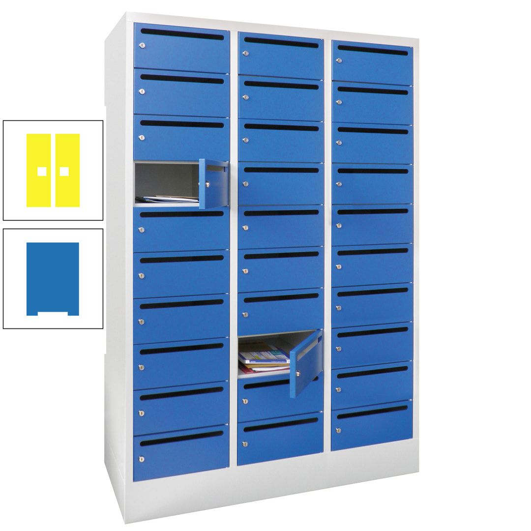Postverteilerschrank, Schließfachschrank, 3 Abteile a 300 mm, 30 Fächer, 1.850 x 900 x 500 mm (HxBxT), Korpus anthrazitgrau, Front anthrazitgrau