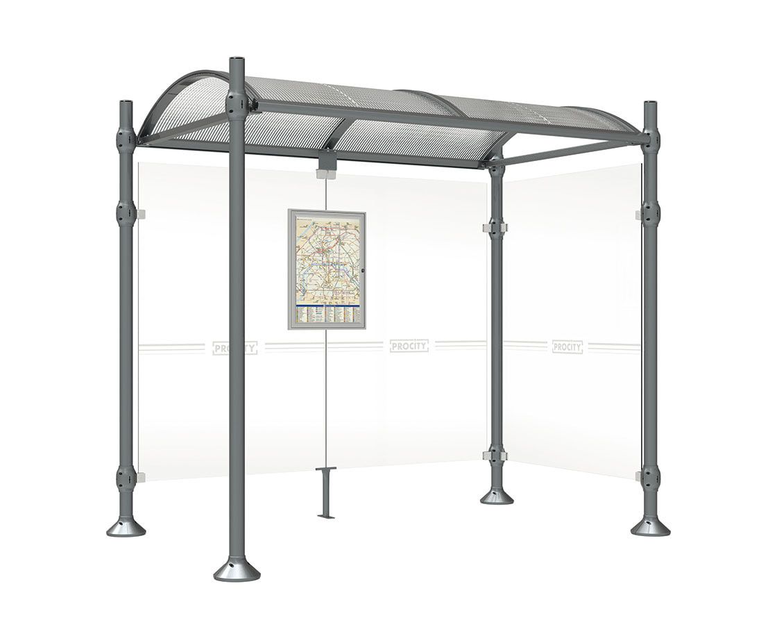 Buswartehalle, Unterstand, 2 Seitenwände, Kopf gebürsteter Edelstahl, ESG, Fahrplanschaukasten, 2.500 x 2.500 x 1.600 mm (HxBxT), Farbe enzianblau