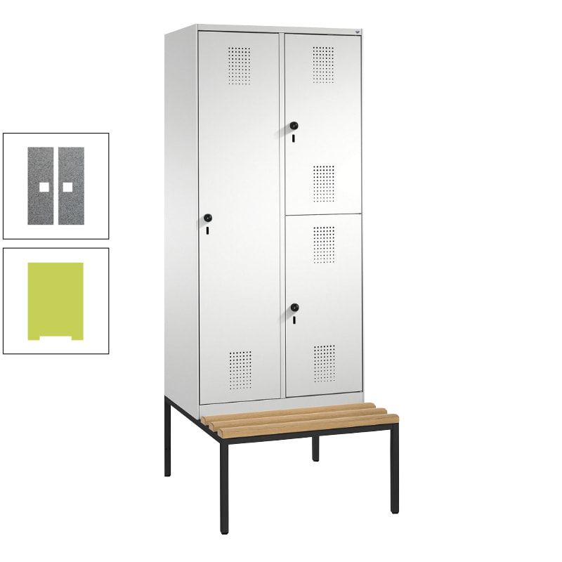 Garderobenschrank, Spind ein- und doppelstöckig Sitzbank, 2 Abteile, 3 Fächer, 2.090 x 800 x 500 mm (HxBxT), Front anthrazitgrau, Korpus anthrazitgrau