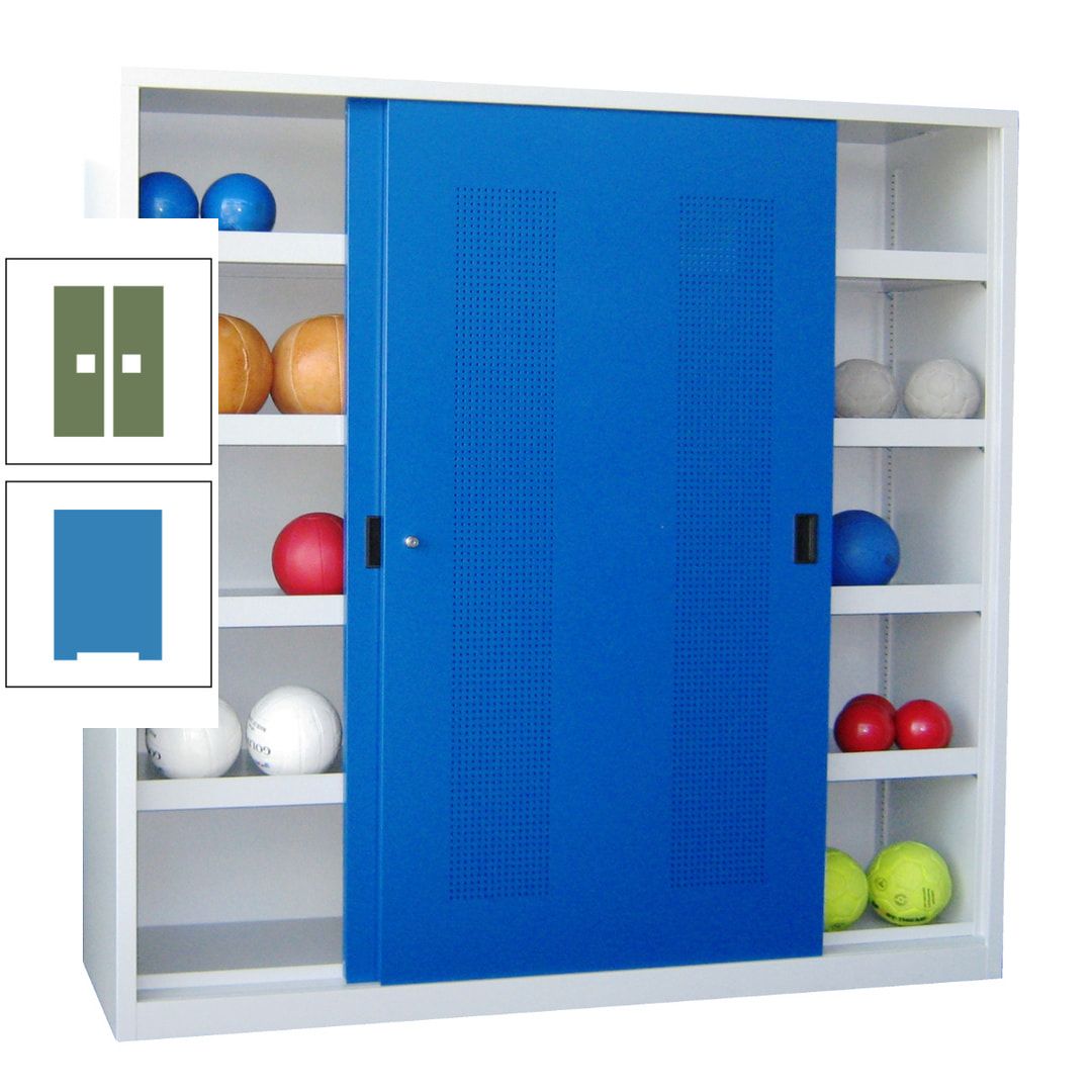 Ballschrank - Schiebetüren mit Lochfeld - Trennwand - 8 Böden - 1.950x2.000x600 mm (HxBxT) - anthrazitgrau