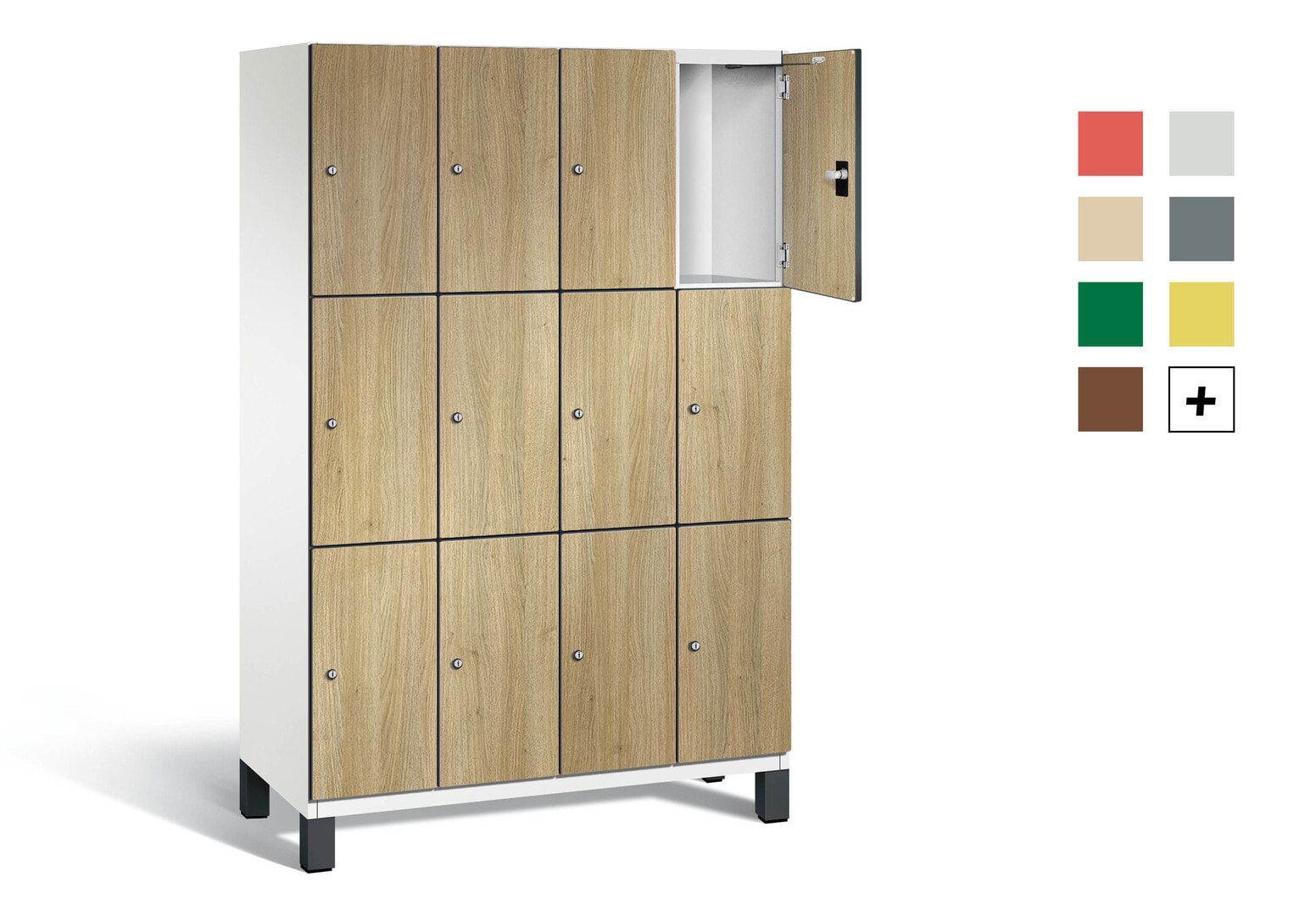 Fächerschrank, Stahlschrank, 12 Fächer, Türöffnungsbegrenzer, Füße, Korpus anthrazitgrau, Dekorfront HPL Donau-Ahorn, 1.980 x 1.200 x 525 mm (HxBxT)
