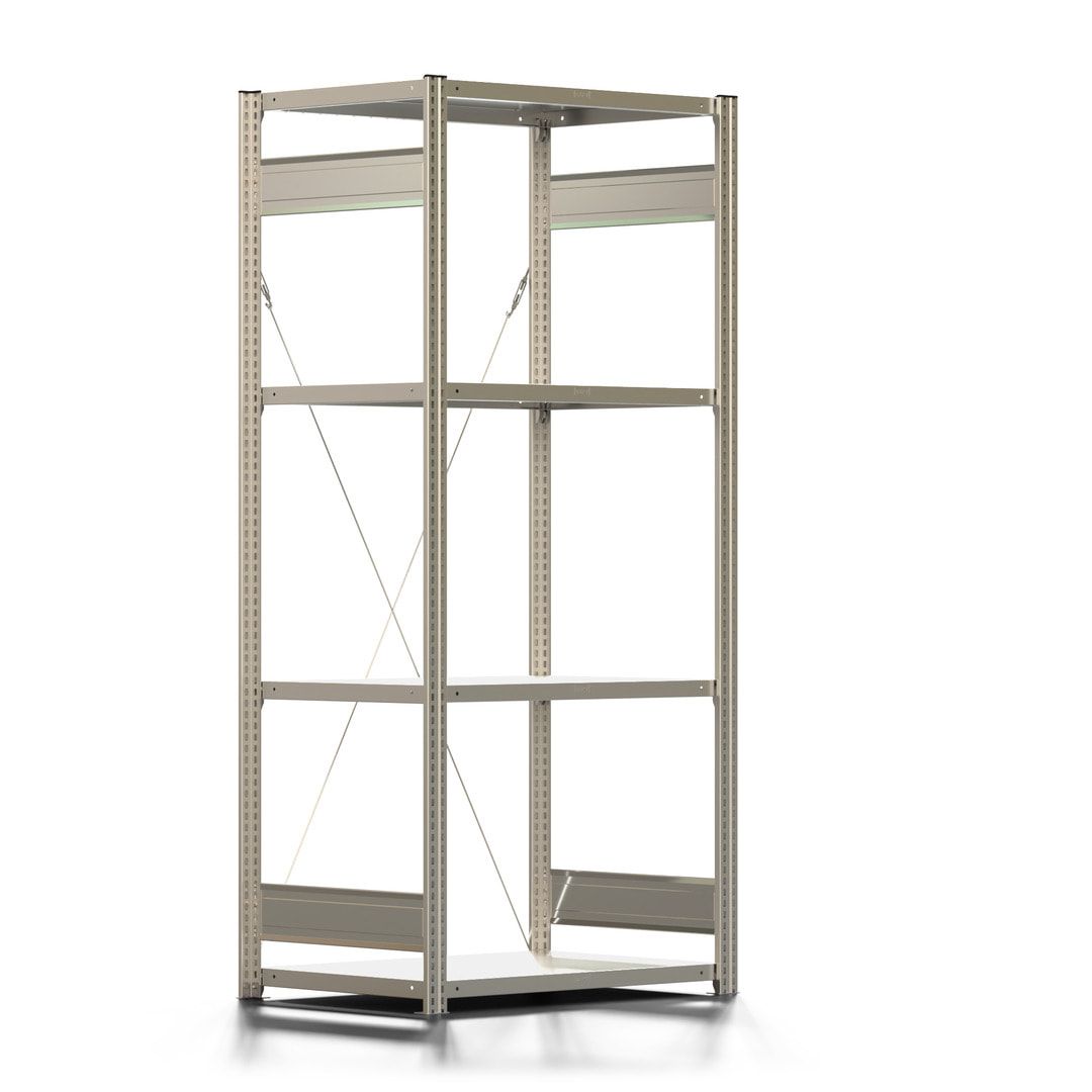 Fachbodenregal mit Tiefenriegel - 150 kg - 2.000 x 875 x 600 mm (HxBxT) - verzinkt 4 Böden - Anbauregal, Steckregal, Lagerregal, BERT