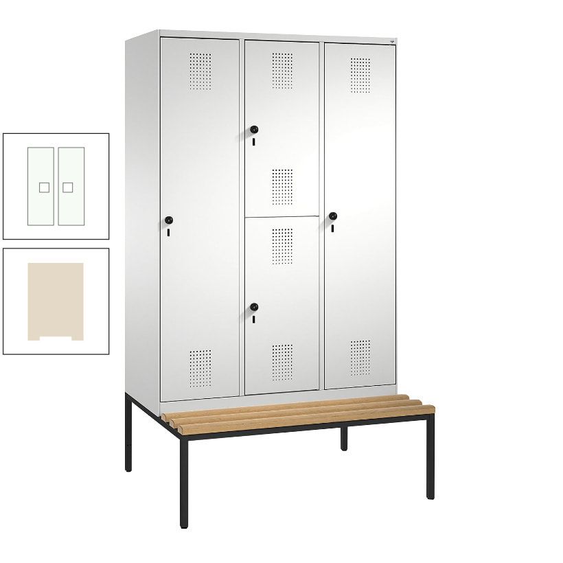 Garderobenschrank, Spind ein- und doppelstöckig Sitzbank, 3 Abteile, 4 Fächer, 2.090x1.200x500 mm (HxBxT), Front anthrazitgrau, Korpus anthrazitgrau