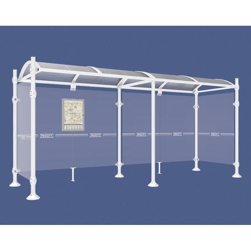 Buswartehalle, Unterstand, 2 Seitenwände, Kopf gebürsteter Edelstahl, ESG, Fahrplanschaukasten, 2.500 x 2.500 x 1.600 mm (HxBxT), Farbe enzianblau