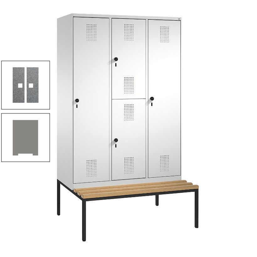 Garderobenschrank, Spind ein- und doppelstöckig Sitzbank, 3 Abteile, 4 Fächer, 2.090x1.200x500 mm (HxBxT), Front anthrazitgrau, Korpus anthrazitgrau