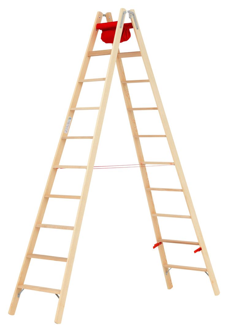 Holz-Stufenstehleiter, beidseitig begehbar, Textiltasche, Eimerhaken, Perlongurte, 1.240 x 473 mm (LxB), 2 x 4 Stufen, 8 kg, Stufentiefe 80 mm, Hymer