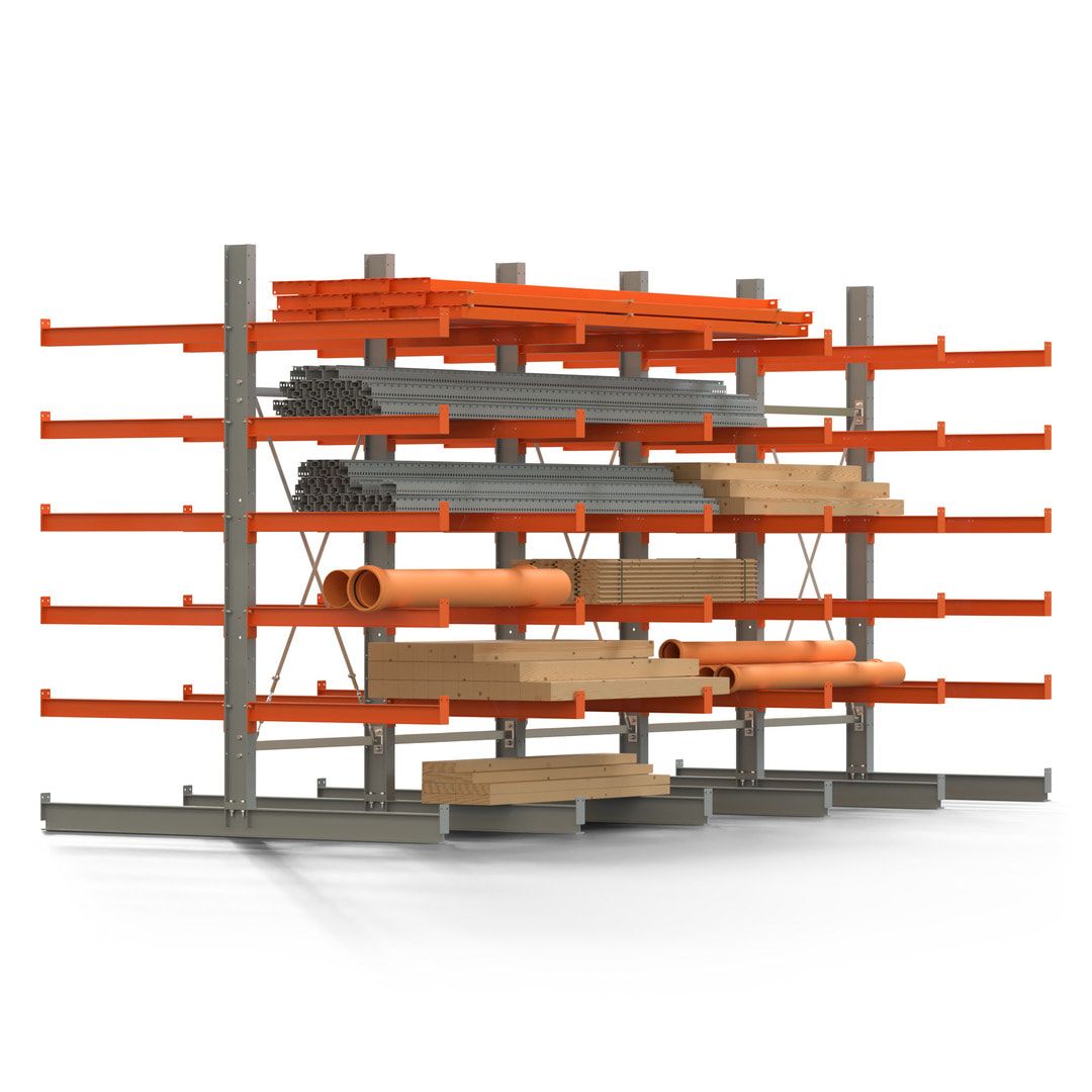 Doppelseitiges Kragarmregal, 2 Felder, 2.500 x 2.000 x 1.120 mm (HxBxT), Nutztiefe 500 mm, Kragarmlast 870 kg, KARL basic, silbergrau/reinorange
