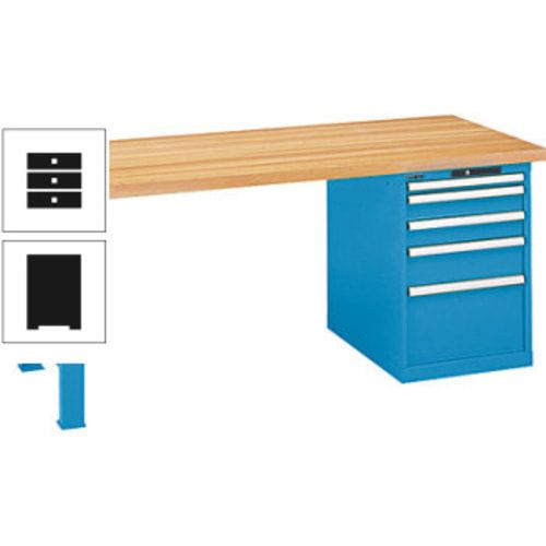 Werkbank, Buche Arbeitsplatte - Code Lock - Tragkraft 1.000 kg - 850 x 2.000 x 800 mm (HxBxT) - 4 Schubladen - Capriblau