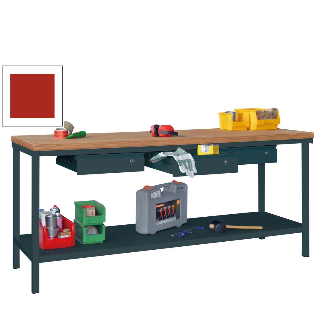 Werkbank mit Ablageboden - 3 Schubladen - 900 x 2.000 x 700 mm (HxBxT) - anthrazitgrau