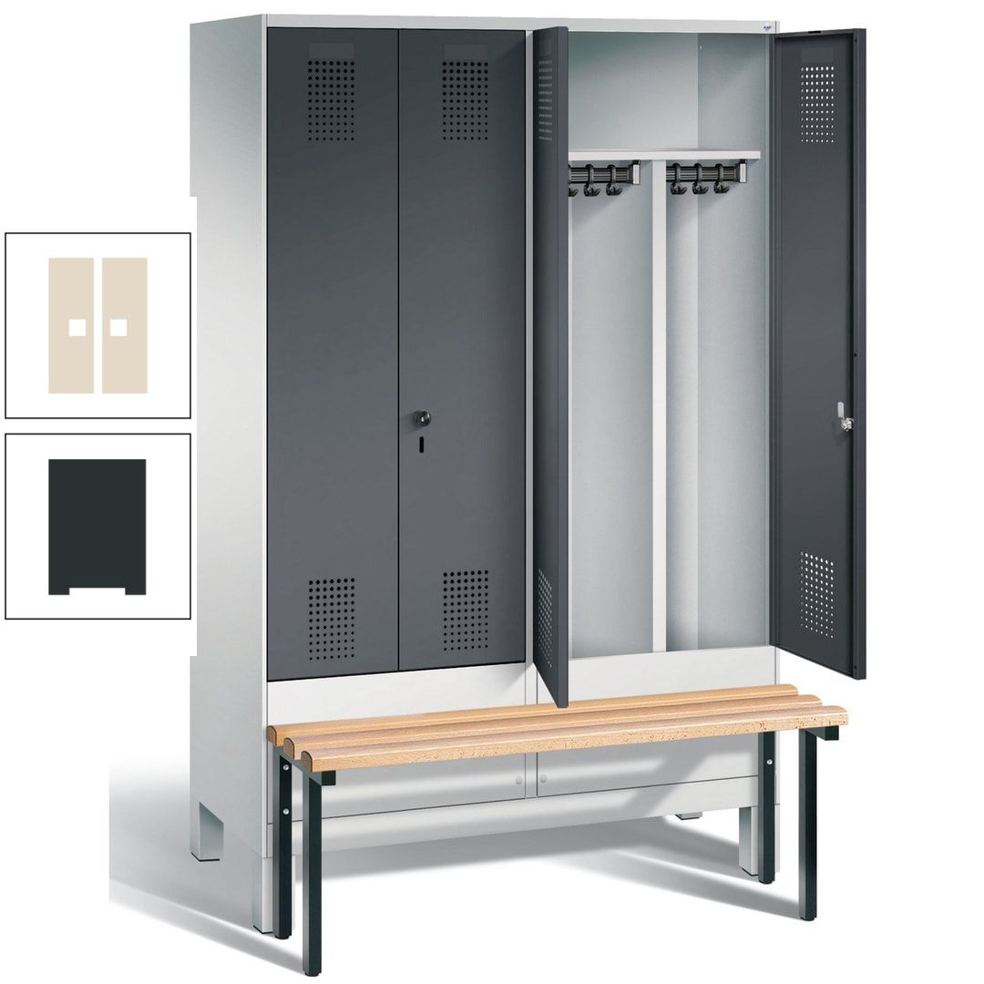Doppel-Spind, Garderobenschrank, Buche Sitzbank vorgebaut, 4 Abteile a 300 mm, Korpus feuerrot, Tür Wasserblau, 1.850 x 1.200 x 815 mm (HxBxT)
