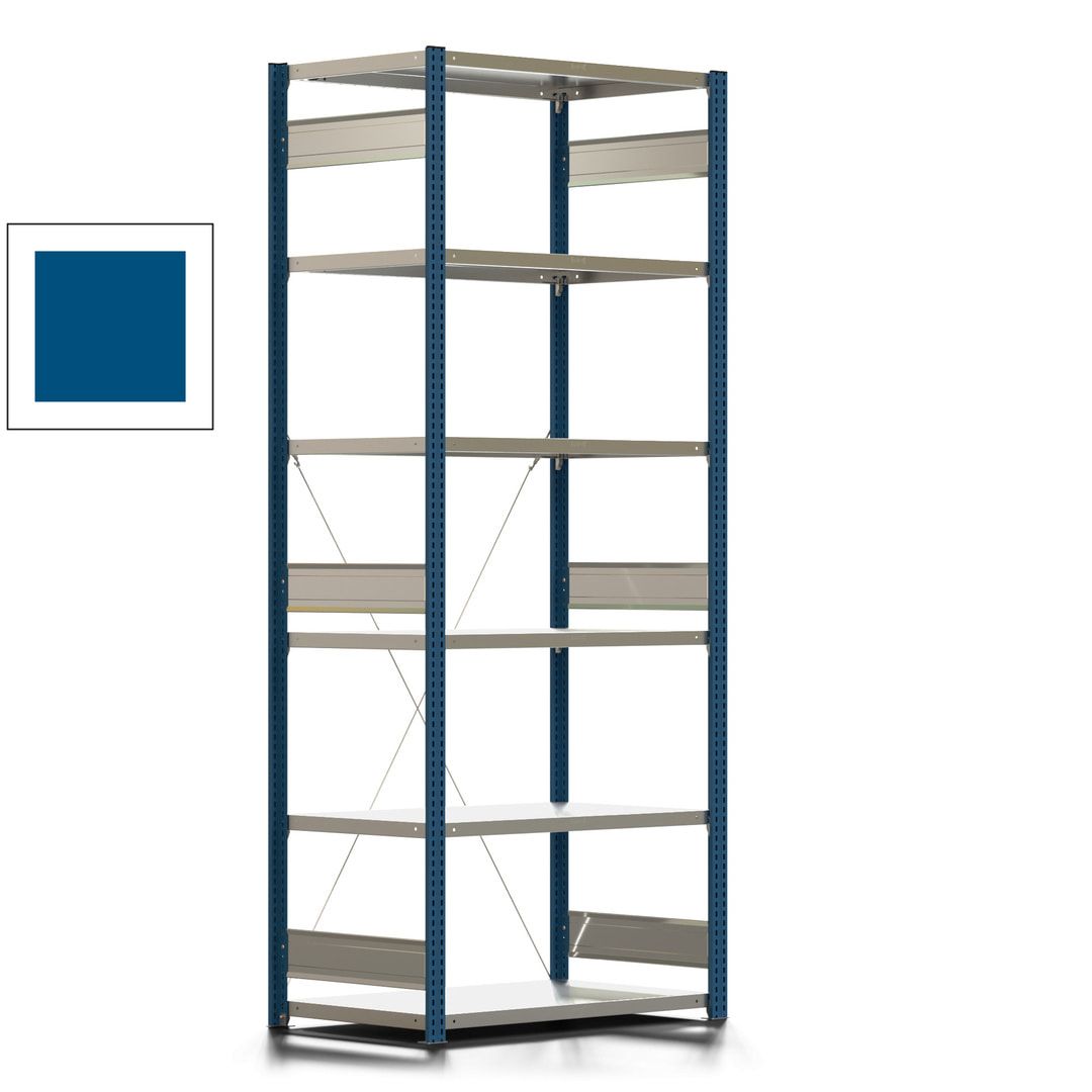 Fachbodenregal mit Tiefenriegel - 350 kg - 2.500 x 1.005 x 626 mm (HxBxT) - Anbauregal - 6 Böden - enzianblau - Lagerregal - Steckregal BERT