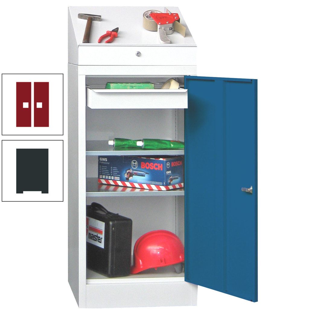Stehpult mit Schrank - Vollblechtür - 1 Einlegeboden, 1 Ausziehboden, 1 Schublade - 1.270x500x500 mm (HxBxT) - anthrazitgrau