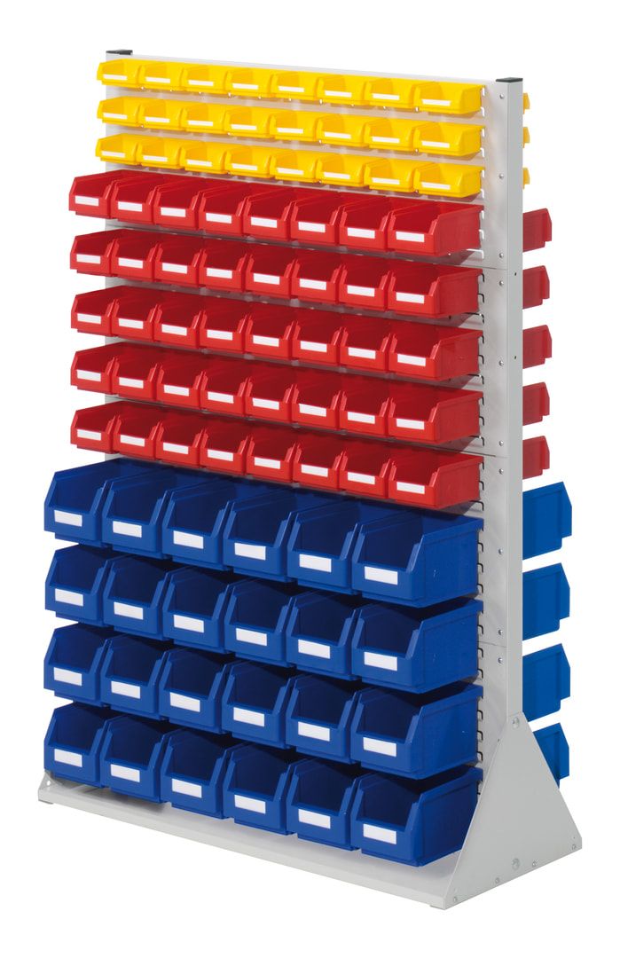 Stationäre Regalwand - Schlitzwand für Sichtlagerkästen - beidseitig - mit 108 Kästen bestückt - 1.450 x 1.000 x 430 mm (HxBxT)