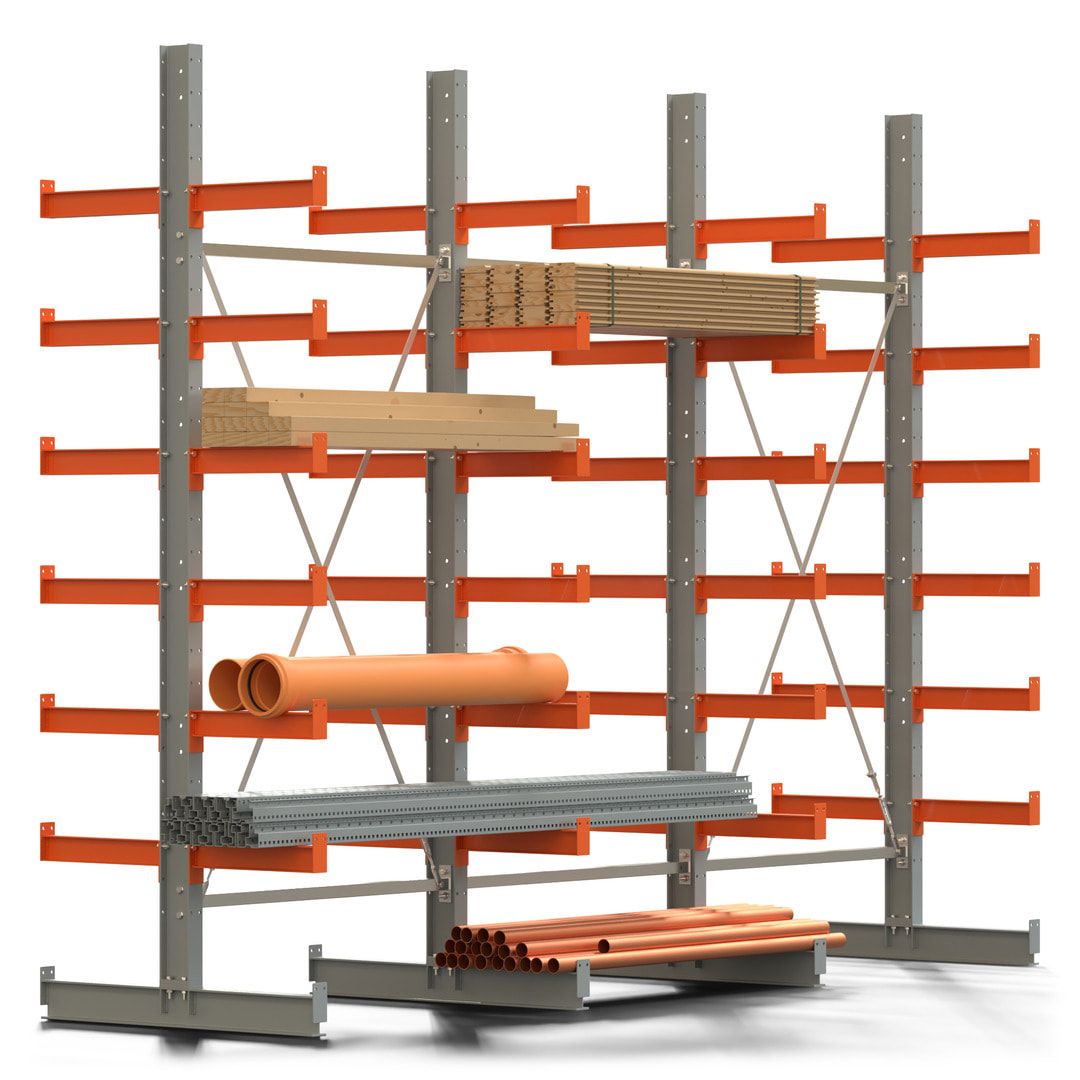 Doppelseitiges Kragarmregal, 2 Felder, 3.000 x 2.560 x 1.120 mm (HxBxT), Nutztiefe 500 mm, Kragarmlast 870 kg, KARL basic, silbergrau/reinorange