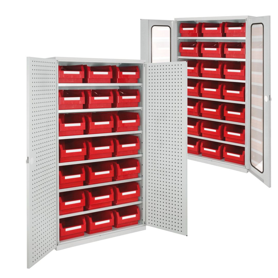 Magazinschrank - 21 Sichtlagerkästen - Lochplattentüren - 6 Böden - 1.950 x 1.130 x 590 mm (HxBxT) - lichtgrau
