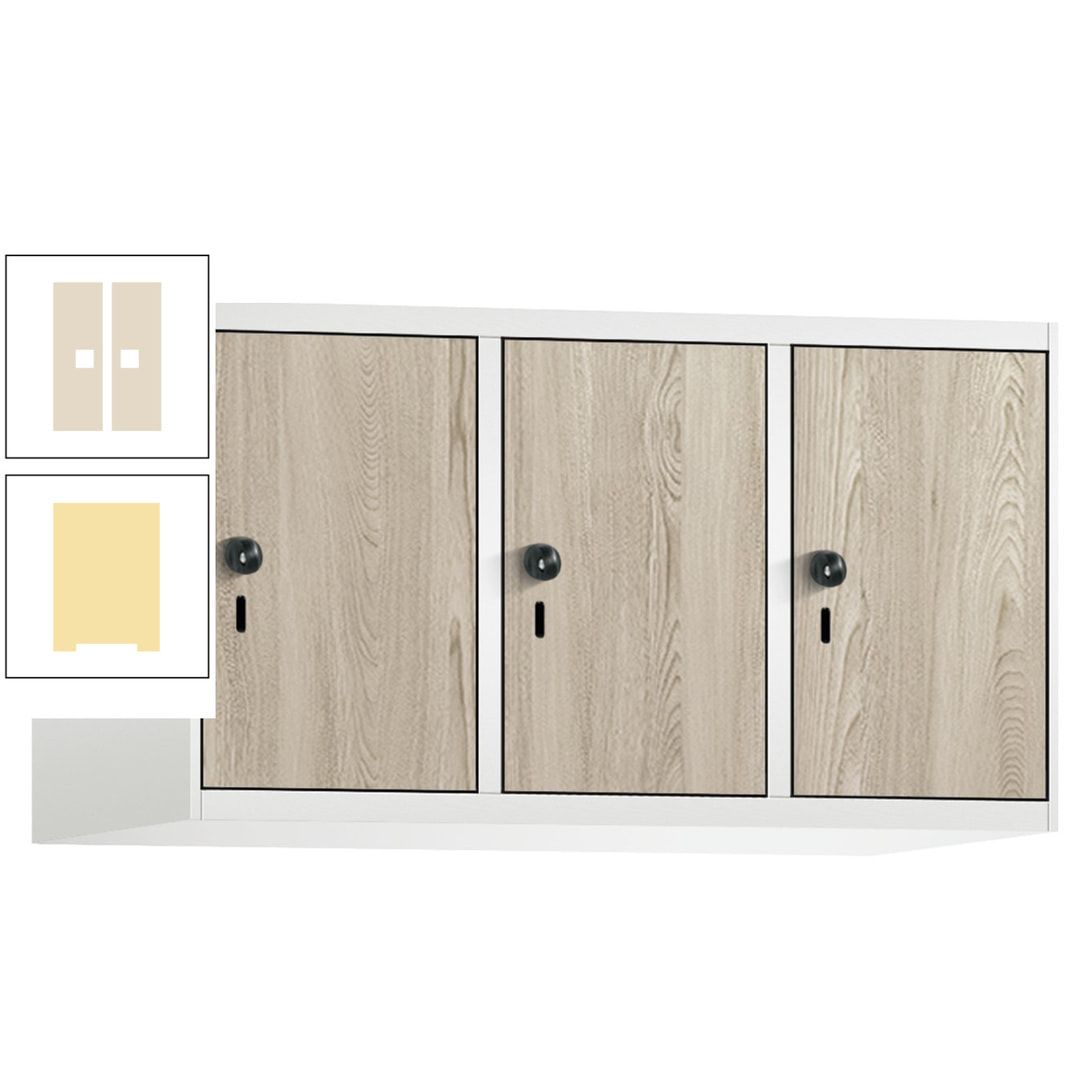 Aufsatzschrank, Schrankaufsatz, 3 Fächer a 300 mm, Farbe Pastellgelb, Tür anthrazitgrau, 500 x 900 x 500 mm (HxBxT)