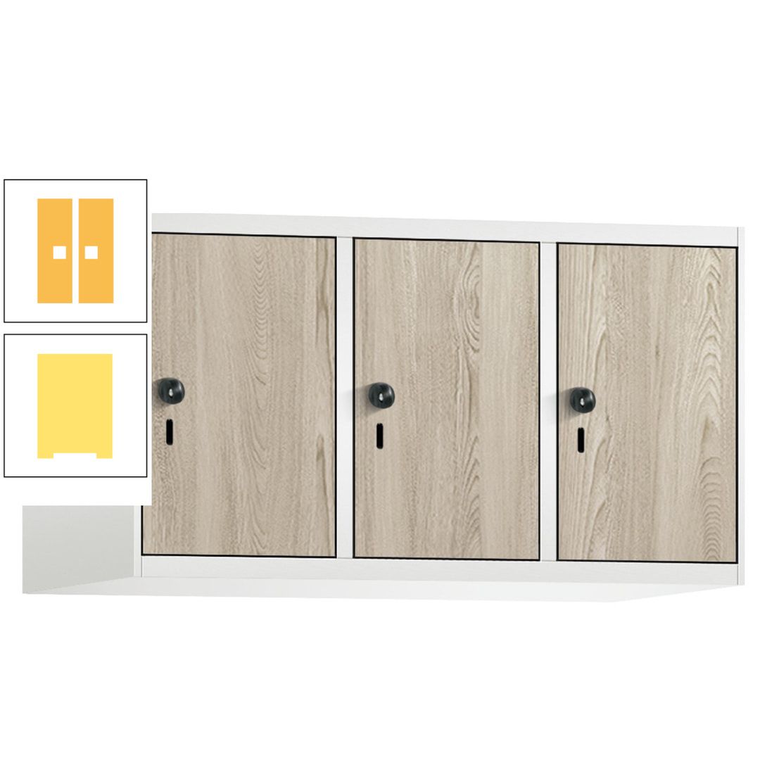 Aufsatzschrank, Schrankaufsatz, 3 Fächer a 300 mm, Farbe Pastellgelb, Tür anthrazitgrau, 500 x 900 x 500 mm (HxBxT)
