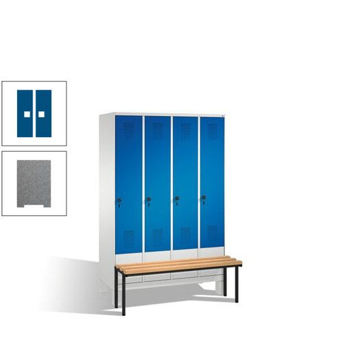 Stahl-Garderobenschrank, Spind, Buche Sitzbank vorgebaut, 4 Abteile a 300 mm, Korpus Lichtgrün, Tür Schwefelgelb, 1.850 x 1.200 x 815 mm (HxBxT)