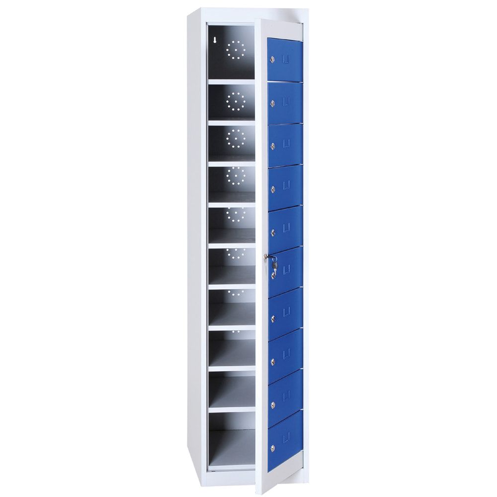 Verteilerschrank, Ausgabeschrank, Fächerschrank, Zentraltür, 1 Abteil, 10 Fächer, 1.800 x 400 x 500 mm (HxBxT), Korpus lichtgrau, Front enzianblau