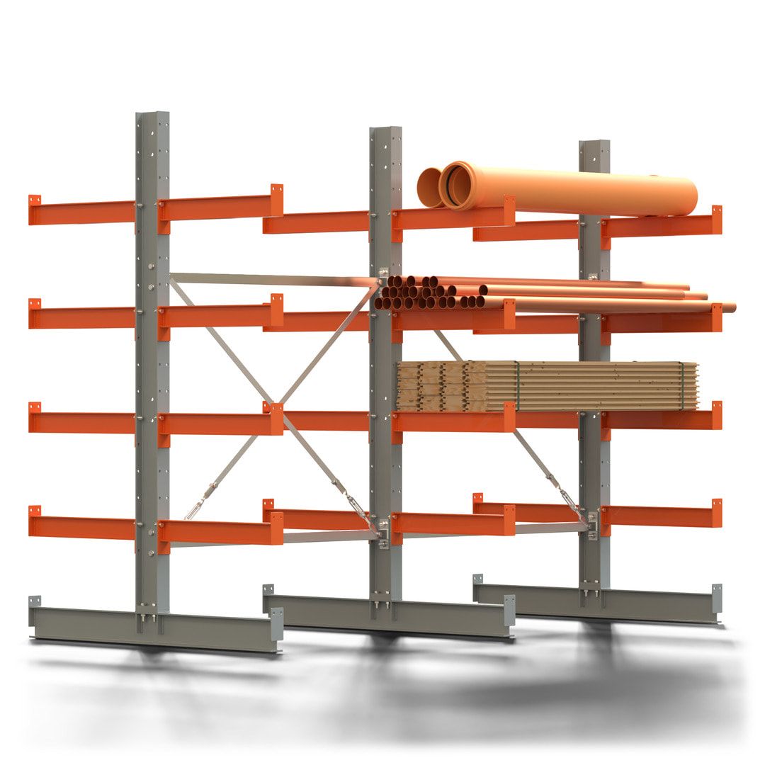 Doppelseitiges Kragarmregal, 2 Felder, 2.000 x 2.560 x 1.120 mm (HxBxT), Nutztiefe 500 mm, Kragarmlast 870 kg, KARL basic, silbergrau/reinorange
